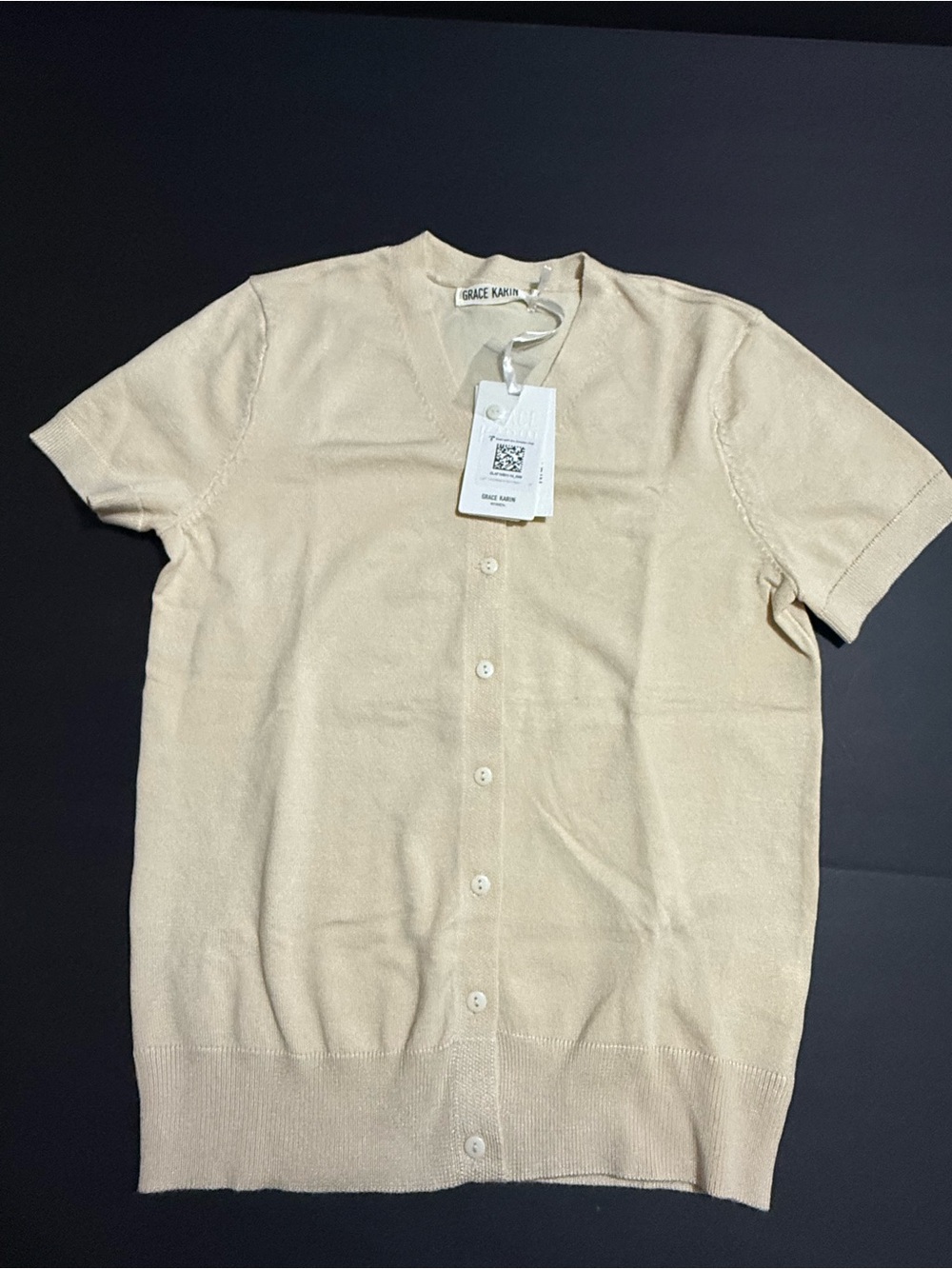 Grace Karin Cream Short Sleeve Button-Front Knit Top